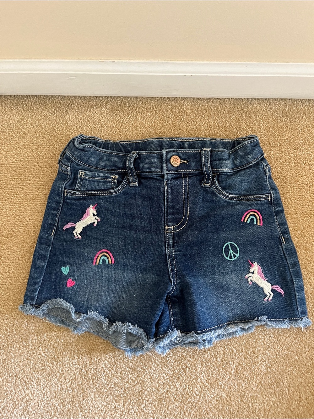 jumping beans Dark Blue Denim Shorts with Unicorn & Rainbow Embroidery